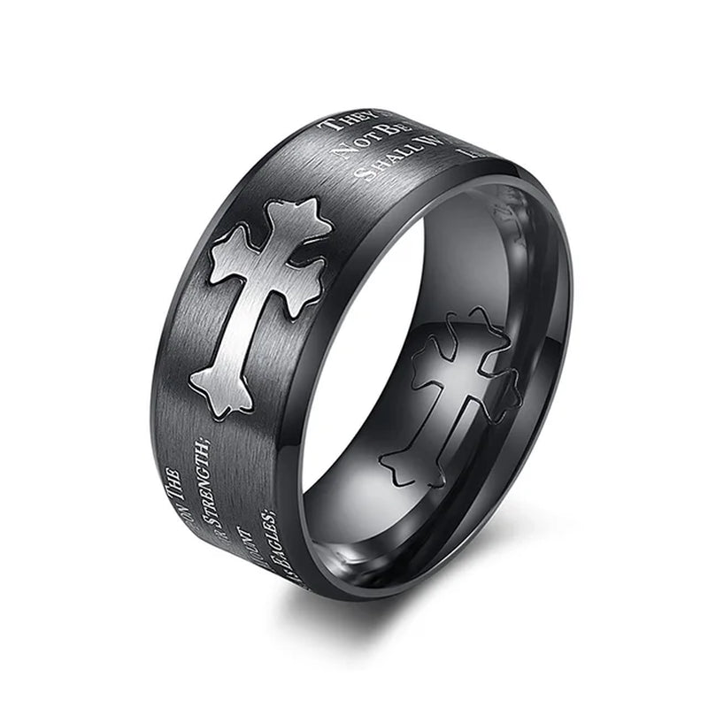Christ Cross Ring for Men and Women Titanium Steel Brushed Ring Isaiah Lettering Ring Religious Finger Jewelry