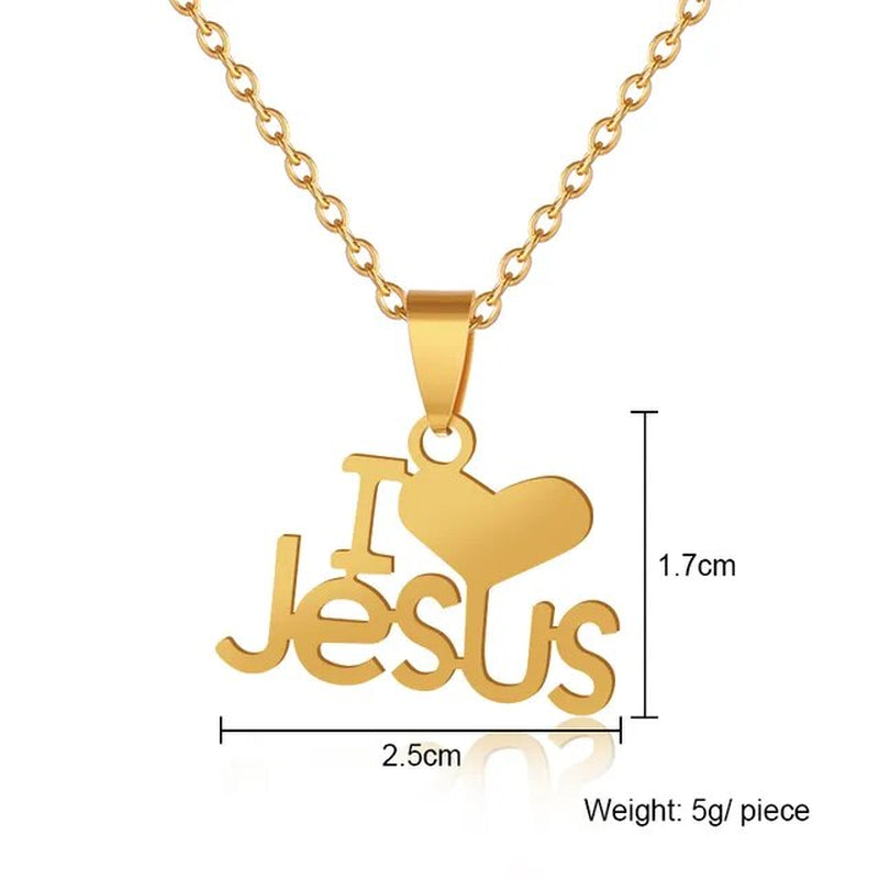 Fashion Heart I Love JESUS Pendant Necklace Stainless Steel Gold Color Women Charm Christian Religious Jewelry Gift