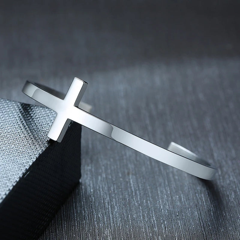 Stylish Cross Bangle for Women Men, Glossy Stainless Steel Cuff Bracelet, Unisex Religious Faith Jewelry