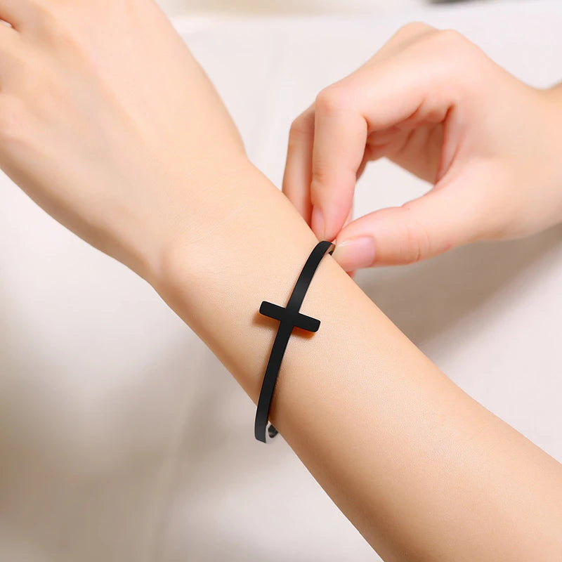 Stylish Cross Bangle for Women Men, Glossy Stainless Steel Cuff Bracelet, Unisex Religious Faith Jewelry