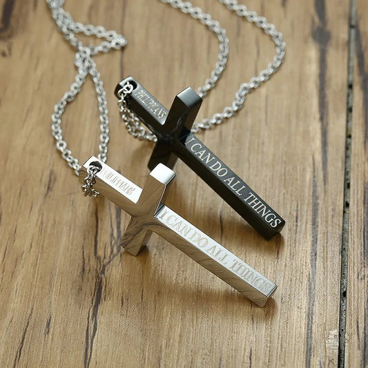 Man Cross Pendant Charm I Can Do All Things in Silver Color Tone Jesus Crucifix Religious Christians Men Necklace